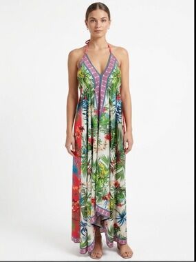 Flying Tomato Tropical Floral Maxi Dress Halter Open Back Large